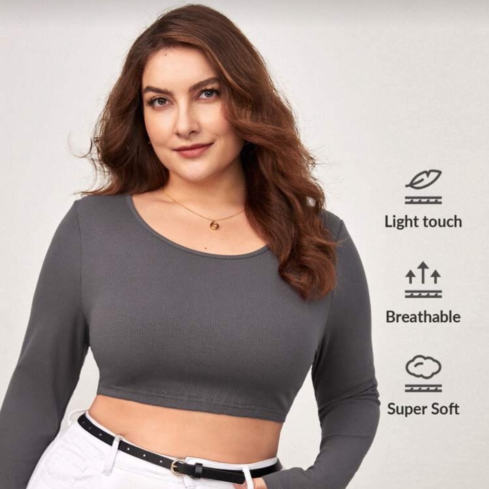 Women's Gray Long Sleeve Cropped Top - Breathable Super Soft